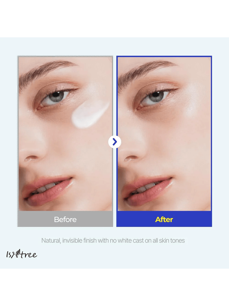 Before and after showing ISNTREE Hyaluronic Acid Natural Sun Cream application for a natural, invisible finish.