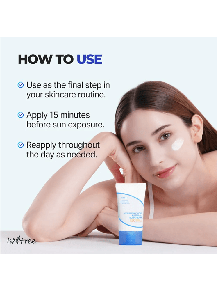 ISNTREE Hyaluronic Acid Natural Sun Cream how to use instructions with a model applying the product.