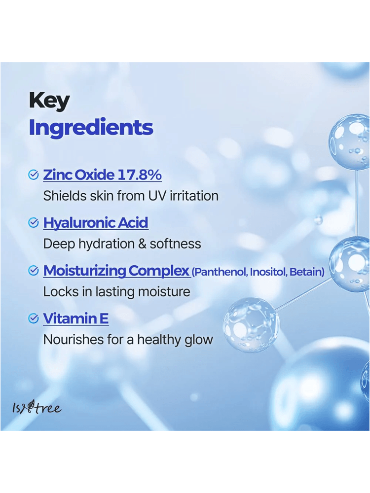 Key ingredients of ISNTREE Hyaluronic Acid Natural Sun Cream: Zinc Oxide, Hyaluronic Acid, Moisturizing Complex, Vitamin E.