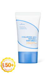 ISNTREE Hyaluronic Acid Natural Sun Cream 50ml tube with creamy texture background for UV protection.