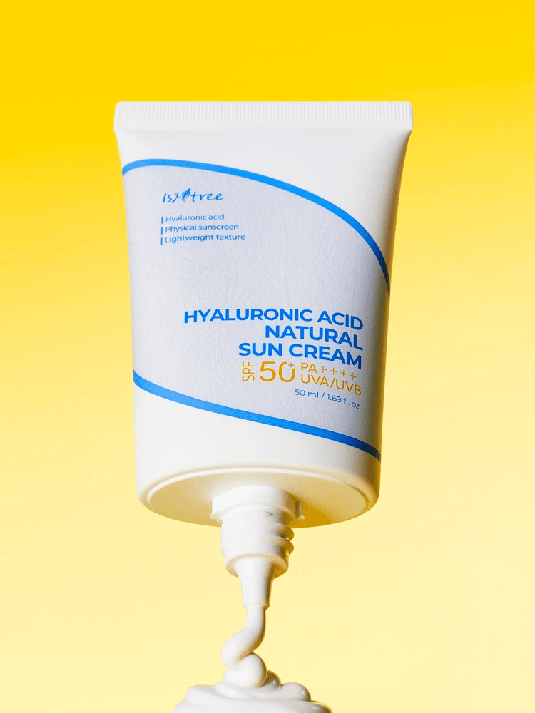 ISNTREE Hyaluronic Acid Natural Sun Cream tube on yellow background, showcasing mineral UV protection and lightweight texture.