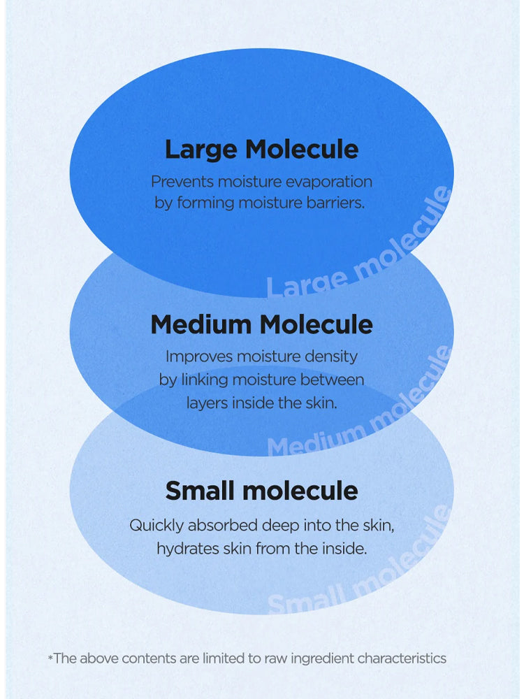 Diagram explaining moisture molecules: Large, Medium, and Small Molecule benefits for skin hydration.