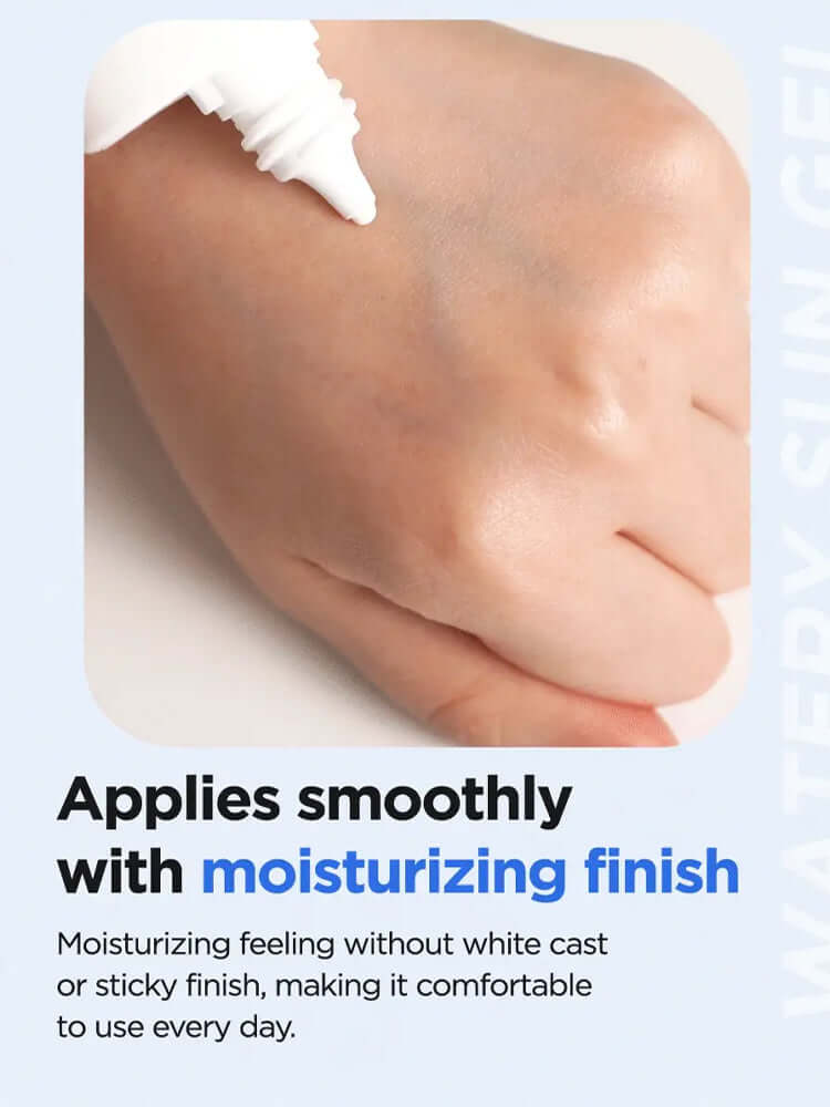 ISNTREE Hyaluronic Acid Watery Sun Gel 50ml applied smoothly on skin, demonstrating its moisturizing finish without sticky residue.