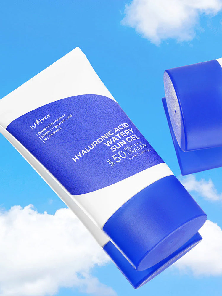 ISNTREE Hyaluronic Acid Watery Sun Gel 50ml SPF50+/PA++++ on a blue background with clouds.
