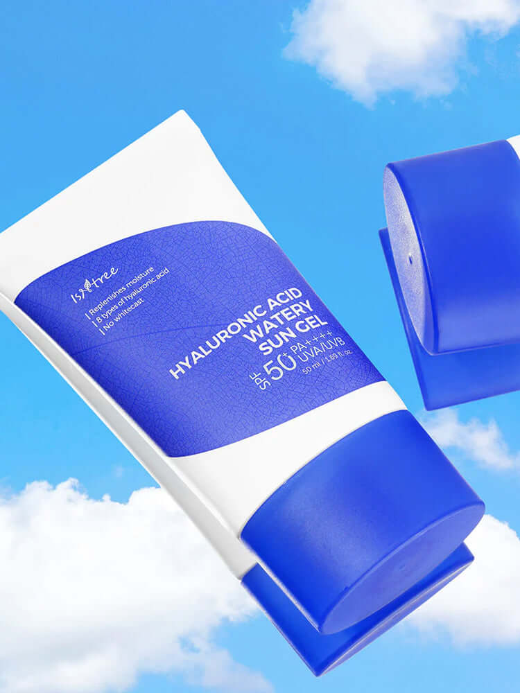 ISNTREE Hyaluronic Acid Watery Sun Gel 50ml SPF50+/PA++++ on a blue background with clouds.