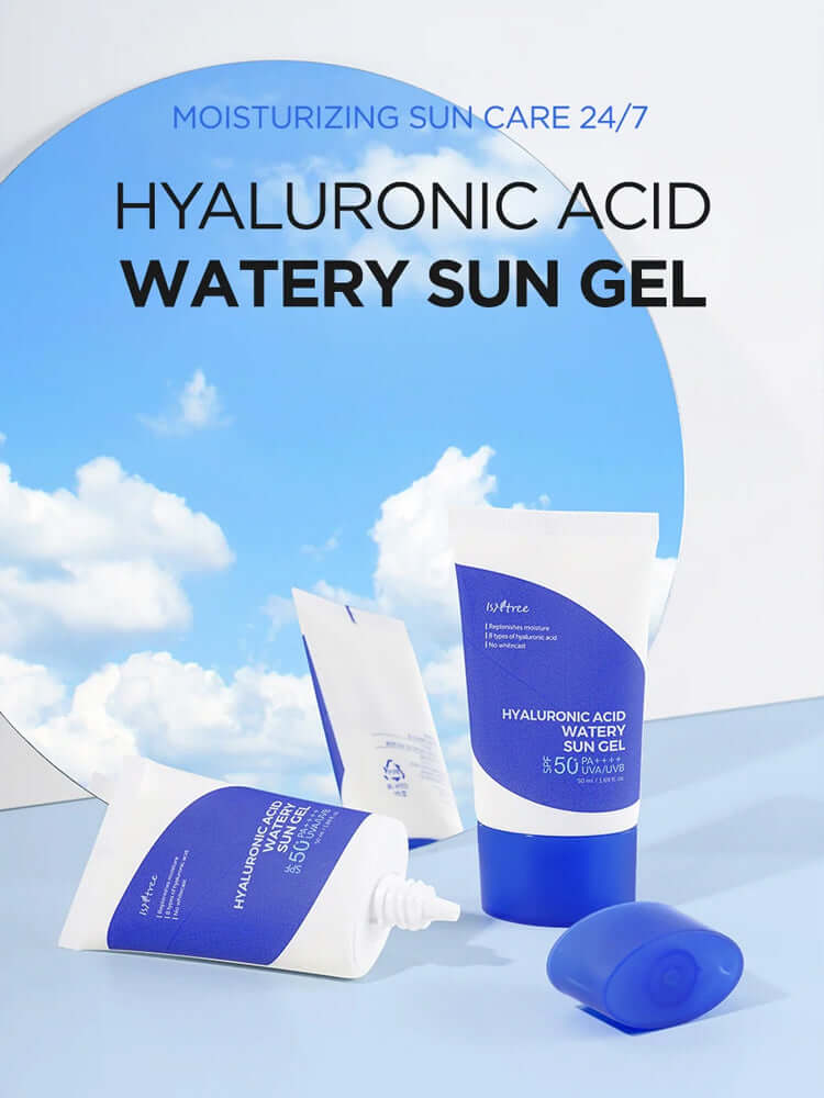 ISNTREE Hyaluronic Acid Watery Sun Gel 50ml displayed with other sun care products against a blue sky background.