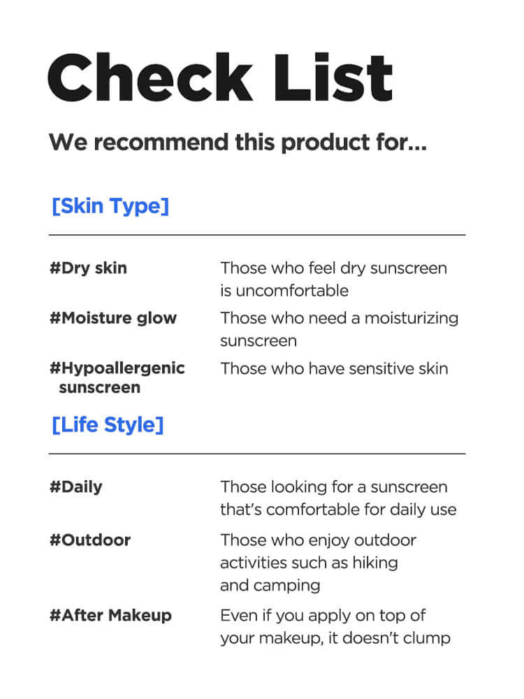 Check list recommending ISNTREE Hyaluronic Acid Watery Sun Gel 50ml for dry skin, moisture glow, and outdoor activities.