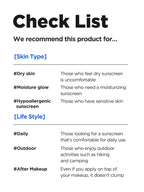 Check list recommending ISNTREE Hyaluronic Acid Watery Sun Gel 50ml for dry skin, moisture glow, and outdoor activities.