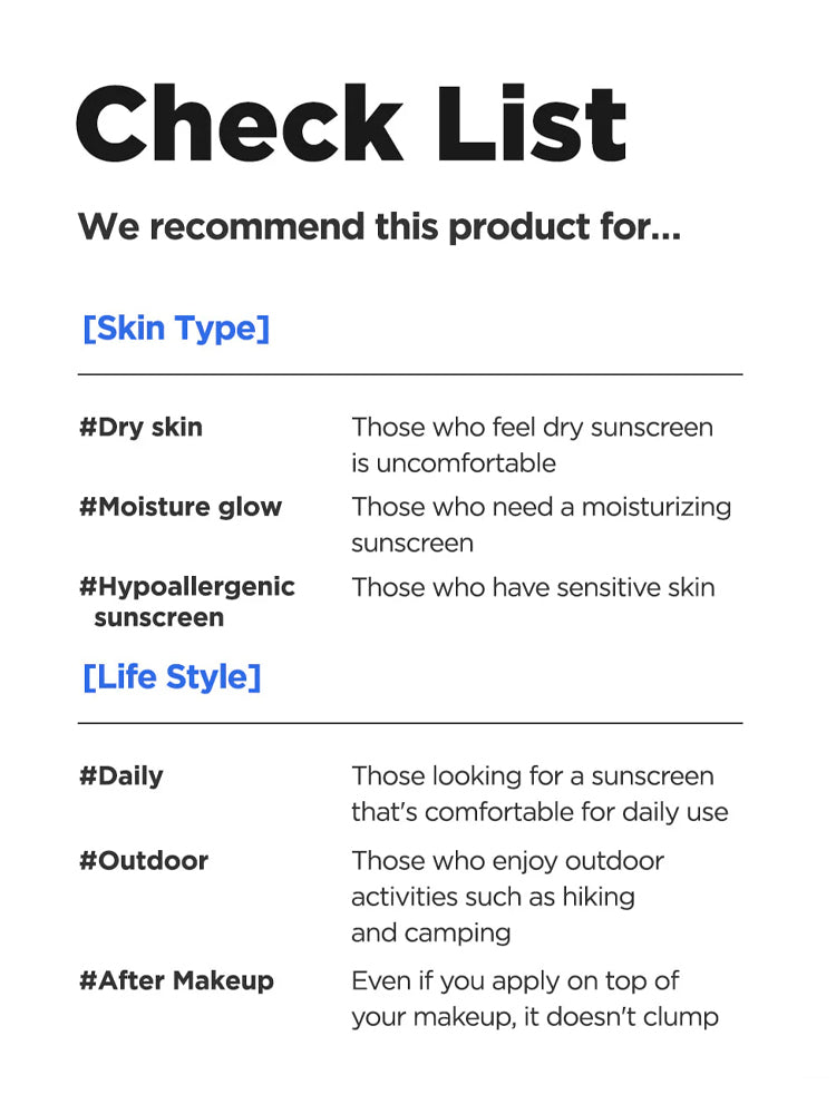 Check list recommending ISNTREE Hyaluronic Acid Watery Sun Gel 50ml for dry skin, moisture glow, and outdoor activities.