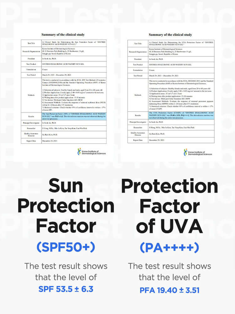 ISNTREE Hyaluronic Acid Watery Sun Gel 50ml SPF50+/PA++++ test results summary showing SPF and PFA levels.