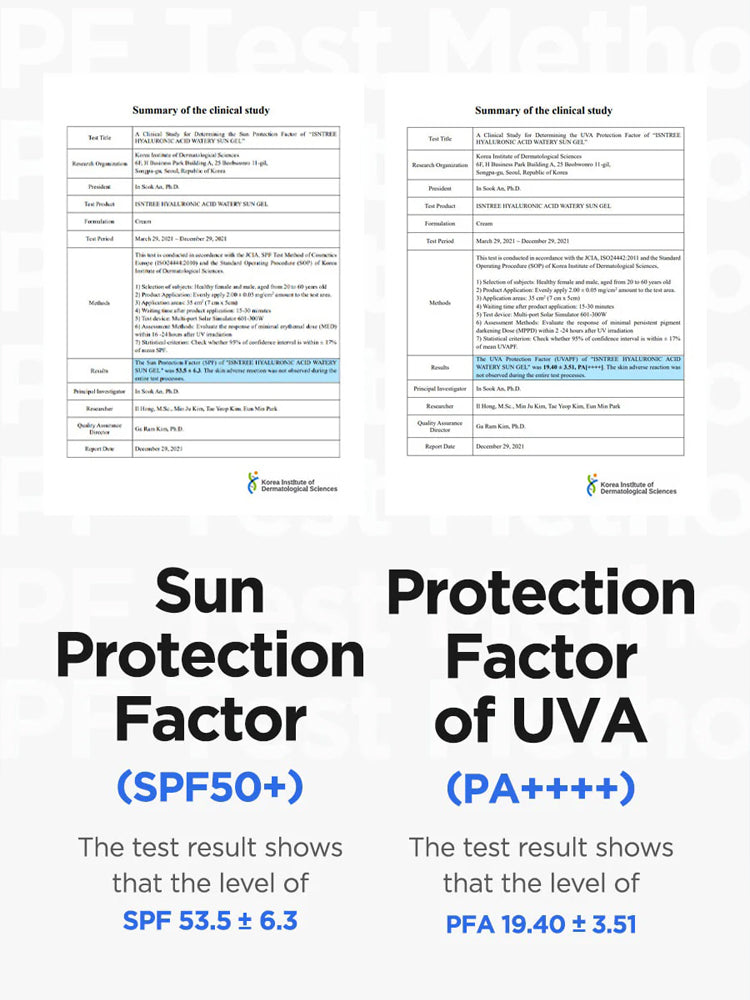 ISNTREE Hyaluronic Acid Watery Sun Gel 50ml SPF50+/PA++++ test results summary showing SPF and PFA levels.
