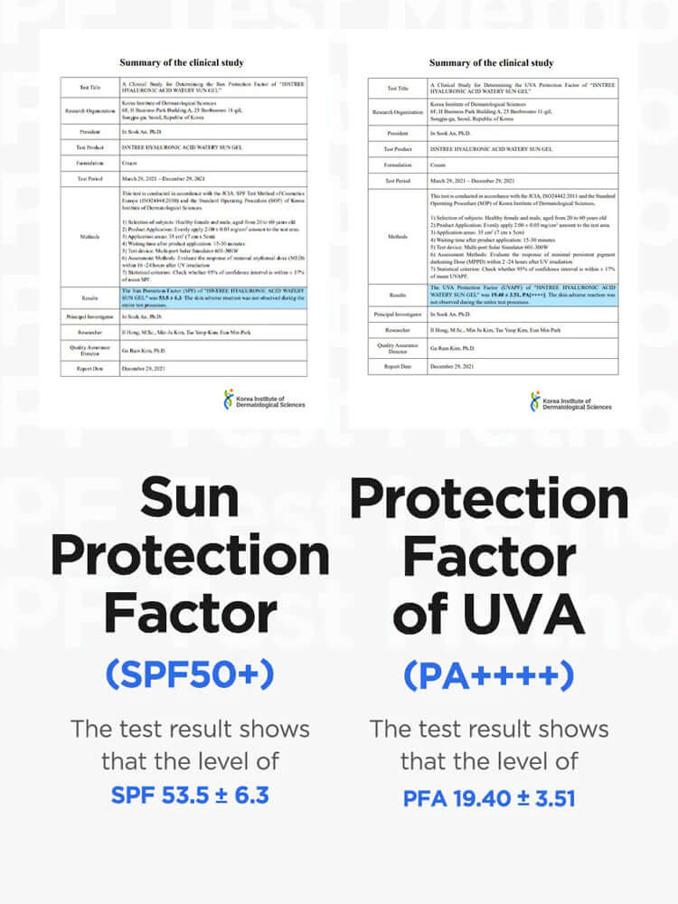 Summary of clinical study results for ISNTREE Hyaluronic Acid Watery Sun Gel, showing SPF50+ and PA++++ protection levels.