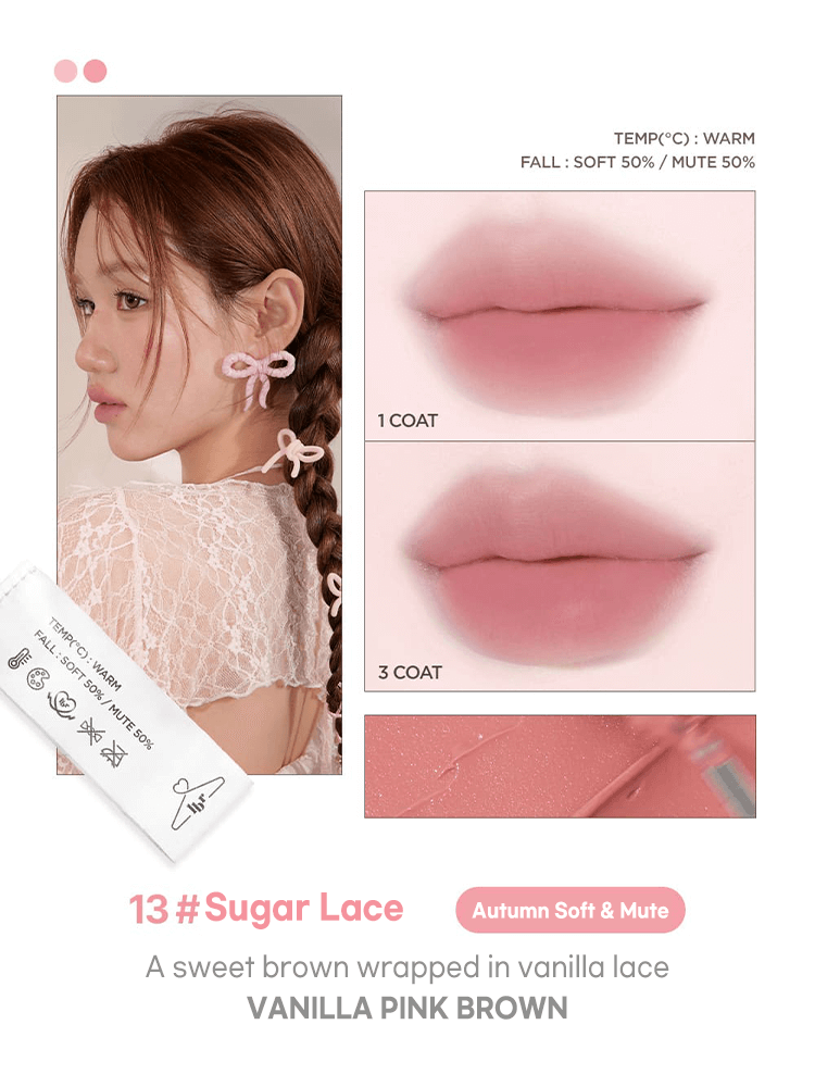 LILYBYRED Sweet Liar Milky Tint swatches showing a soft, muted pink shade with model wearing it.