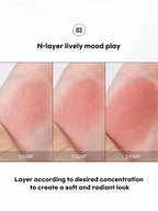 LILYBYRED Luv Beam Cheek Mousse 3.8g shown in three coats demonstrating buildable blush application on skin.