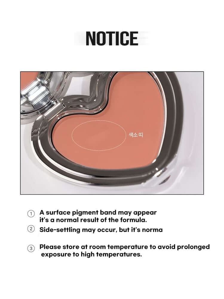 LILYBYRED Luv Beam Cheek Mousse 3.8g product notice about formula and storage recommendations.