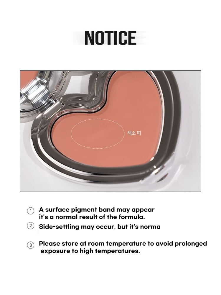 LILYBYRED Luv Beam Cheek Mousse 3.8g product notice about formula and storage recommendations.