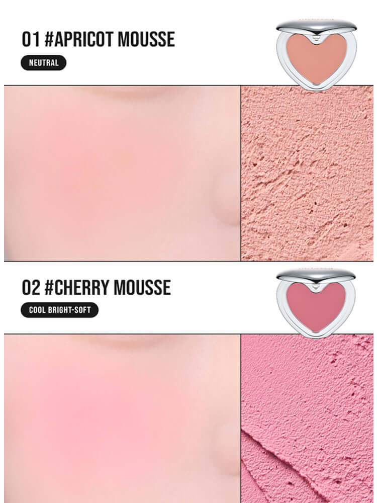 LILYBYRED Luv Beam Cheek Mousse 3.8g shades 01 Apricot Mousse and 02 Cherry Mousse with textures and swatches.