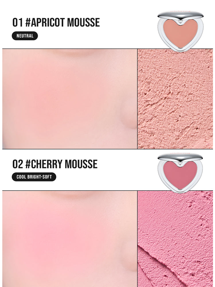 LILYBYRED Luv Beam Cheek Mousse 3.8g shades 01 Apricot Mousse and 02 Cherry Mousse with textures and swatches.