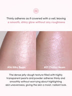 LILYBYRED [Pink Closet Edition] Luv Beam Glow Veil swatches of #06 Silky Beam and #07 Chiffon Beam showing smooth, radiant finish.