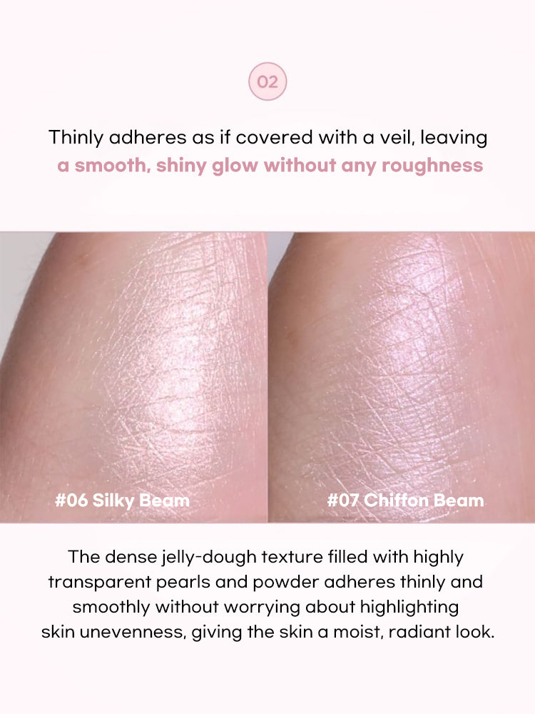 LILYBYRED [Pink Closet Edition] Luv Beam Glow Veil swatches of #06 Silky Beam and #07 Chiffon Beam showing smooth, radiant finish.