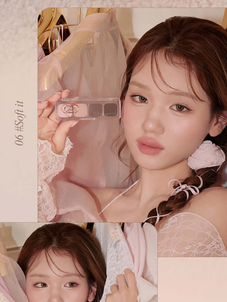 LILYBYRED [Pink Closet Edition] Mood It Palette held by model showcasing soft pink eye makeup look.