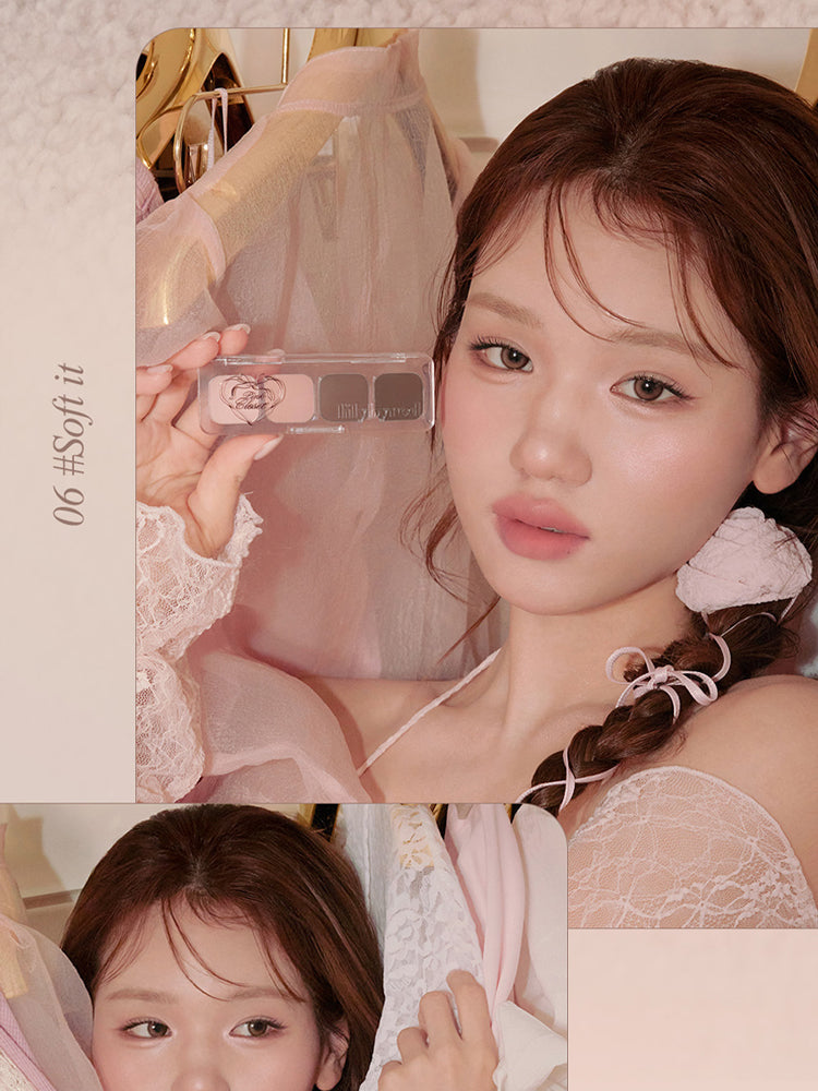 LILYBYRED [Pink Closet Edition] Mood It Palette held by model showcasing soft pink eye makeup look.