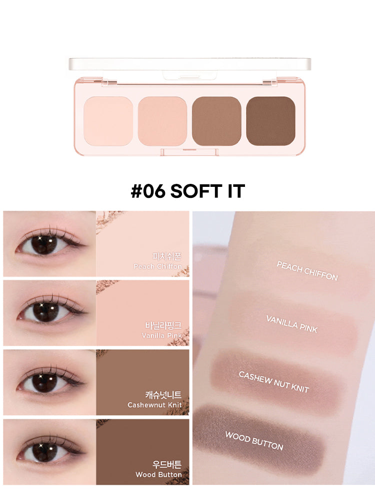 LILYBYRED [Pink Closet Edition] Mood It Palette swatches with shades Peach Chiffon, Vanilla Pink, Cashewnut Knit, and Wood Button.