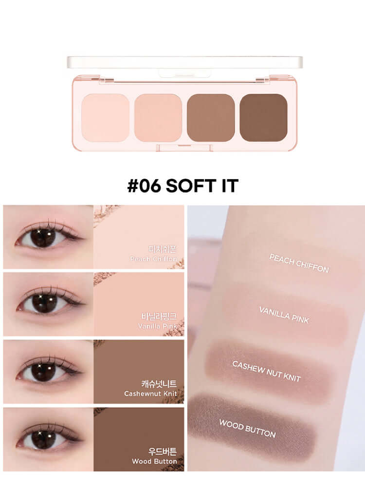 LILYBYRED [Pink Closet Edition] Mood It Palette swatches with shades Peach Chiffon, Vanilla Pink, Cashewnut Knit, and Wood Button.