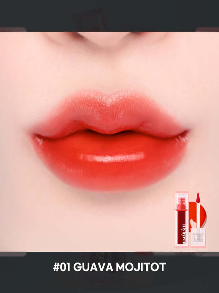 LILYBYRED Juicy Liar Water Tint 4.8g displayed on vibrant lips with a fresh, juicy Guava Mojito tint.