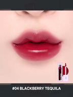 Close-up of luscious lips wearing LILYBYRED Juicy Liar Water Tint 4.8g in #04 Blackberry Tequila.