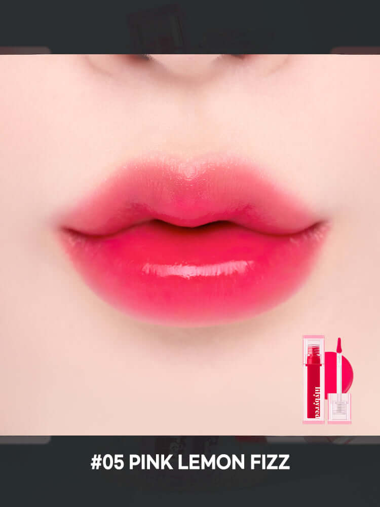 LILYBYRED Juicy Liar Water Tint 4.8g on lips showcasing #05 Pink Lemon Fizz shade