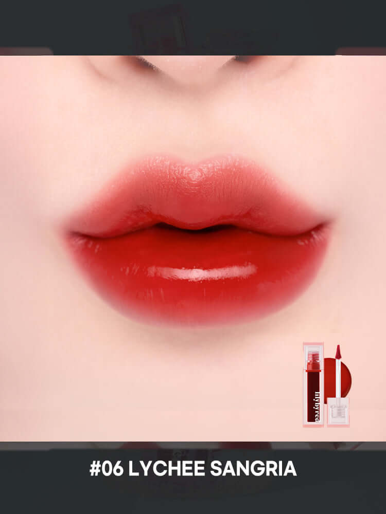 LILYBYRED Juicy Liar Water Tint 4.8g in shade #06 Lychee Sangria on glossy lips.