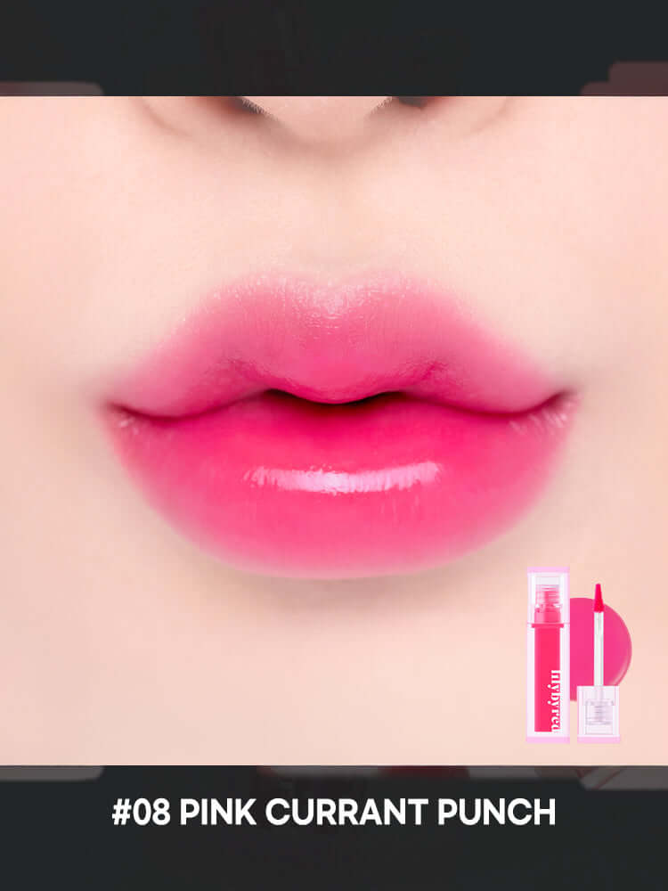 LILYBYRED Juicy Liar Water Tint 4.8g on lips showcasing a vibrant pink color, #08 Pink Currant Punch.