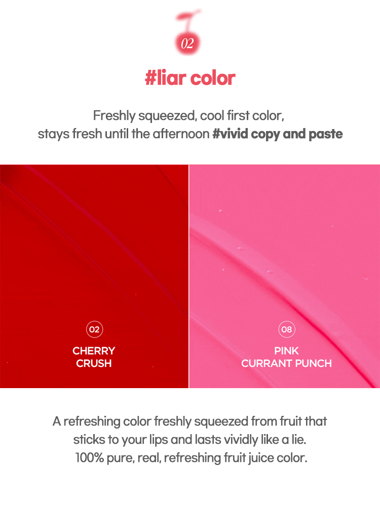 LILYBYRED Juicy Liar Water Tint 4.8g shades: Cherry Crush and Pink Currant Punch vibrant lip colors.