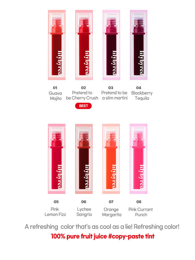 LILYBYRED Juicy Liar Water Tint 4.8g selection in vibrant colors, showcasing refreshing fruit-inspired shades.