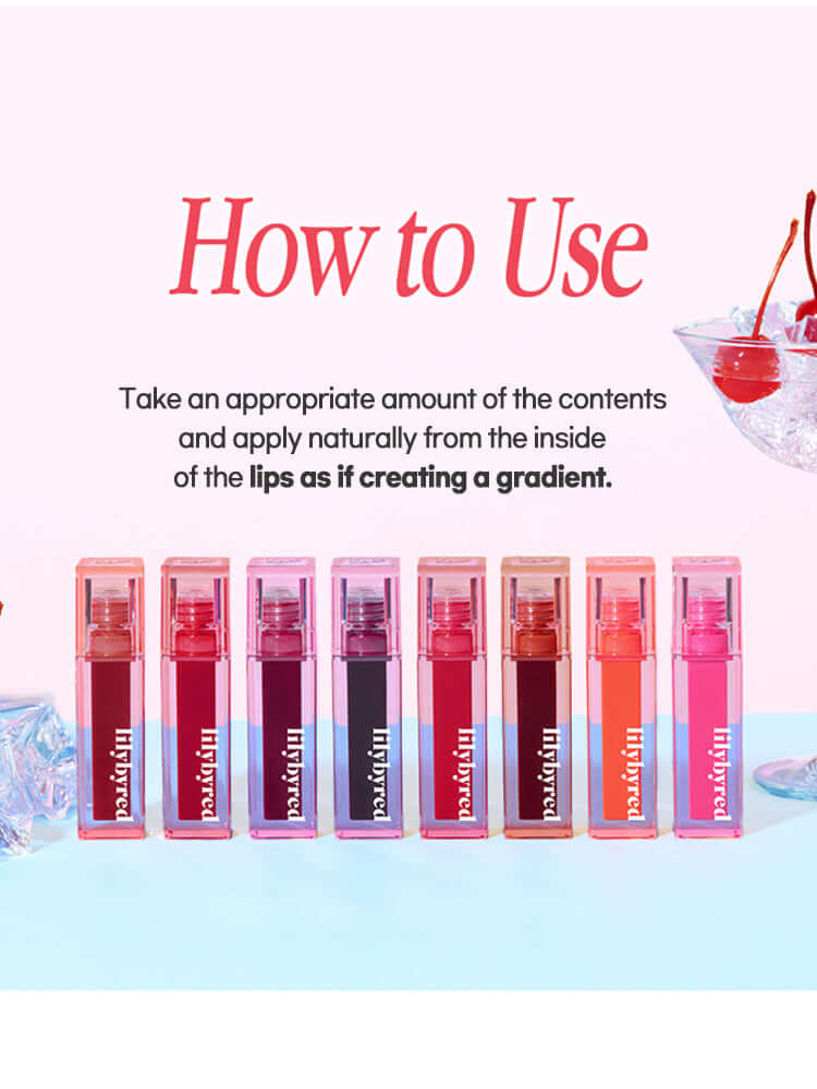 LILYBYRED Juicy Liar Water Tint 4.8g display with instructions on creating a gradient lip effect.