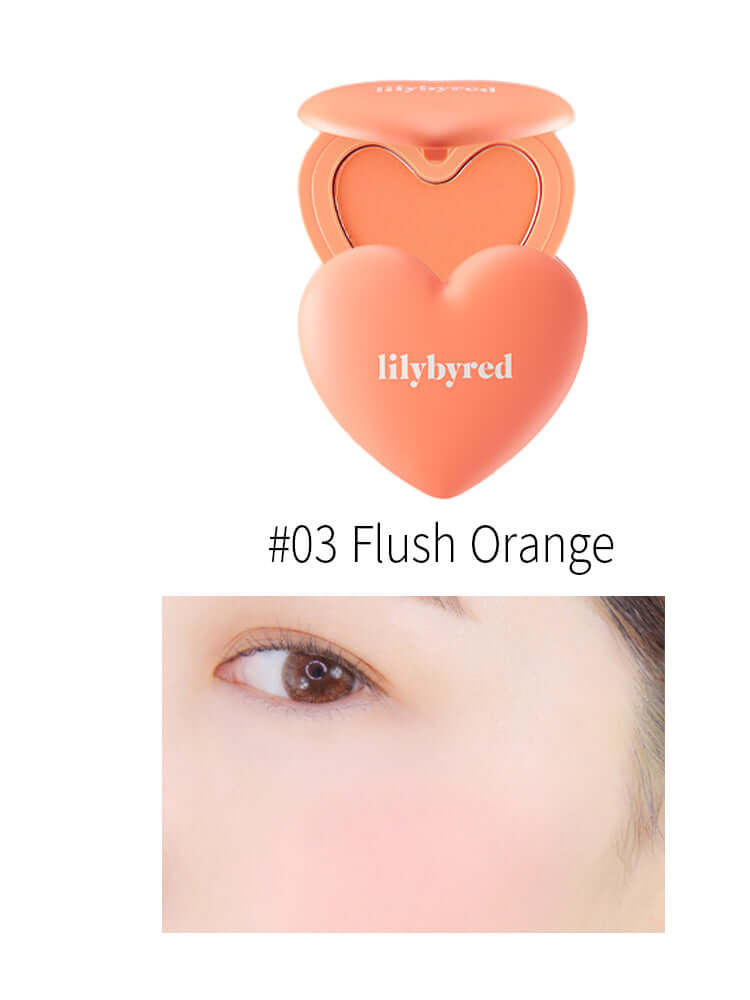 LILYBYRED Luv Beam Cheek 4.7g in #03 Flush Orange with a close-up of radiant skin highlight.