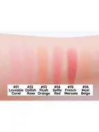 LILYBYRED Luv Beam Cheek 4.7g swatches on arm showcasing shades Loveable Coral, Dollish Rose, Flush Orange, Selfie Red, French Marsala, Maxl Beige.