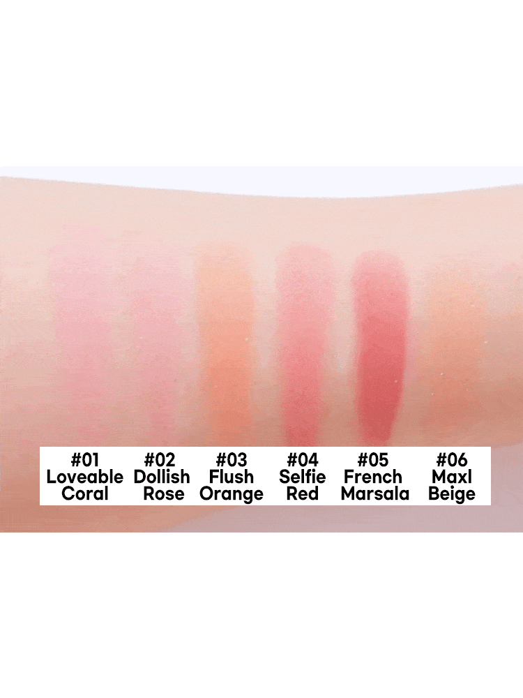 LILYBYRED Luv Beam Cheek 4.7g swatches on arm showcasing shades Loveable Coral, Dollish Rose, Flush Orange, Selfie Red, French Marsala, Maxl Beige.