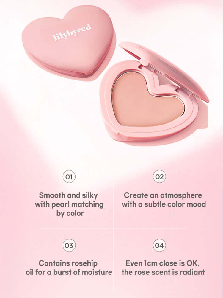 LILYBYRED Luv Beam Cheek 4.7g, heart-shaped highlighter with pearl polish, smooth and silky texture, rose scent.