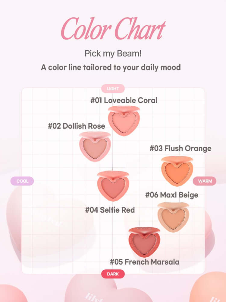 LILYBYRED Luv Beam Cheek 4.7g color chart showing shades Light to Dark for personalized glow.