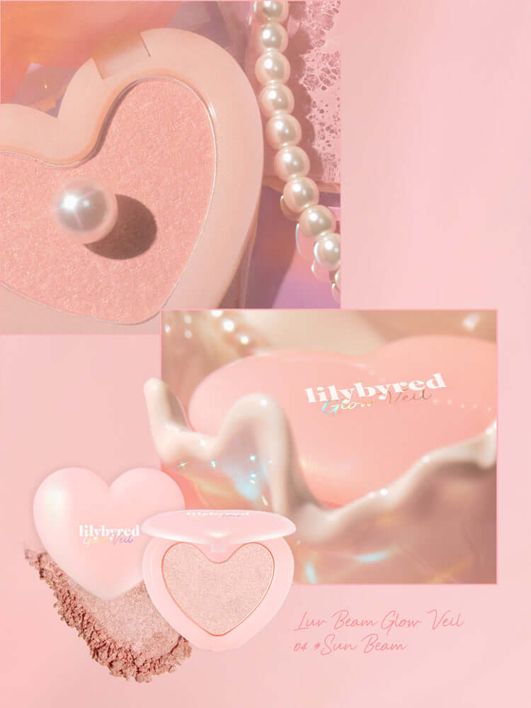 LILYBYRED Luv Beam Cheek 4.7g highlighter in heart-shaped packaging with pearl accents and soft pink tones.