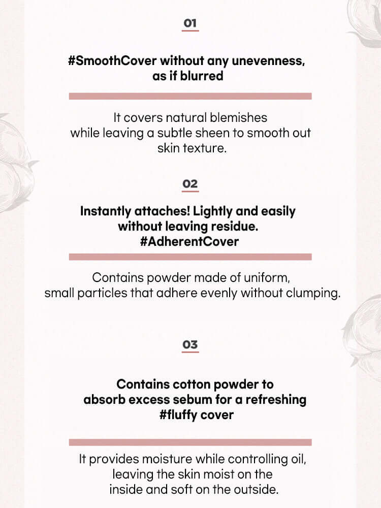 LILYBYRED Cotton Blur Cushion 15g SPF50+PA+++ features #SmoothCover and #AdherentCover benefits for flawless skin.