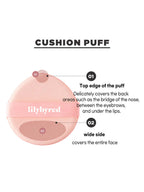 LILYBYRED Cotton Blur Cushion 15g SPF50+PA+++ cushion puff illustration showing key features and usage tips.