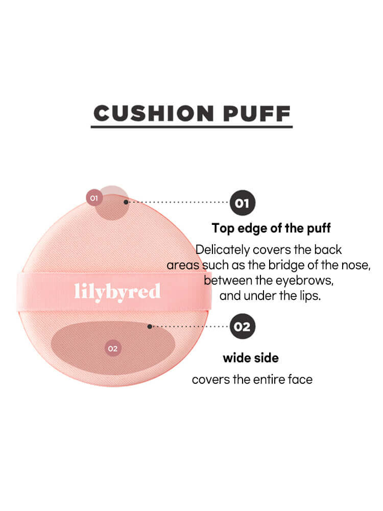 LILYBYRED Cotton Blur Cushion 15g SPF50+PA+++ cushion puff illustration showing key features and usage tips.