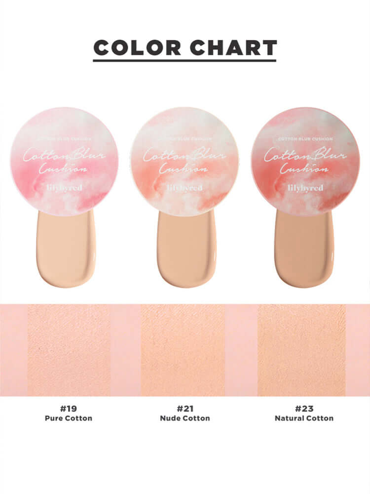 LILYBYRED Cotton Blur Cushion 15g SPF50+PA+++ color chart showing shades Pure Cotton, Nude Cotton, and Natural Cotton.