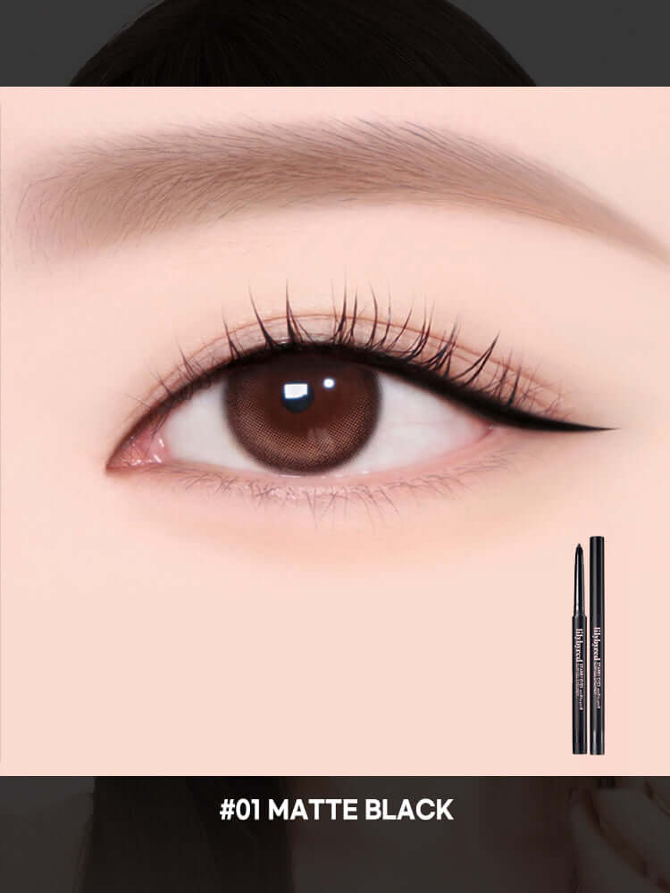 LILYBYRED Starry Eyes Am9 To Pm9 Slim Gel Eyeliner 0.14g applied to a model's eye showcasing a matte black winged eyeliner look.