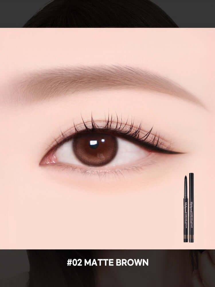 LILYBYRED Starry Eyes Am9 To Pm9 Slim Gel Eyeliner 0.14g applied to a model's eye showcasing the #02 Matte Brown shade.