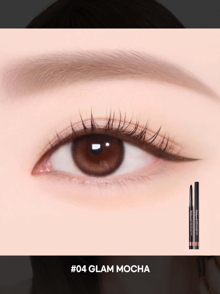 Close-up of eye with LILYBYRED Starry Eyes Am9 To Pm9 Slim Gel Eyeliner 0.14g in #04 Glam Mocha, showcasing precision and definition.