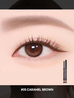 LILYBYRED Starry Eyes Am9 To Pm9 Slim Gel Eyeliner 0.14g shown on a model's eye, featuring #05 Caramel Brown.